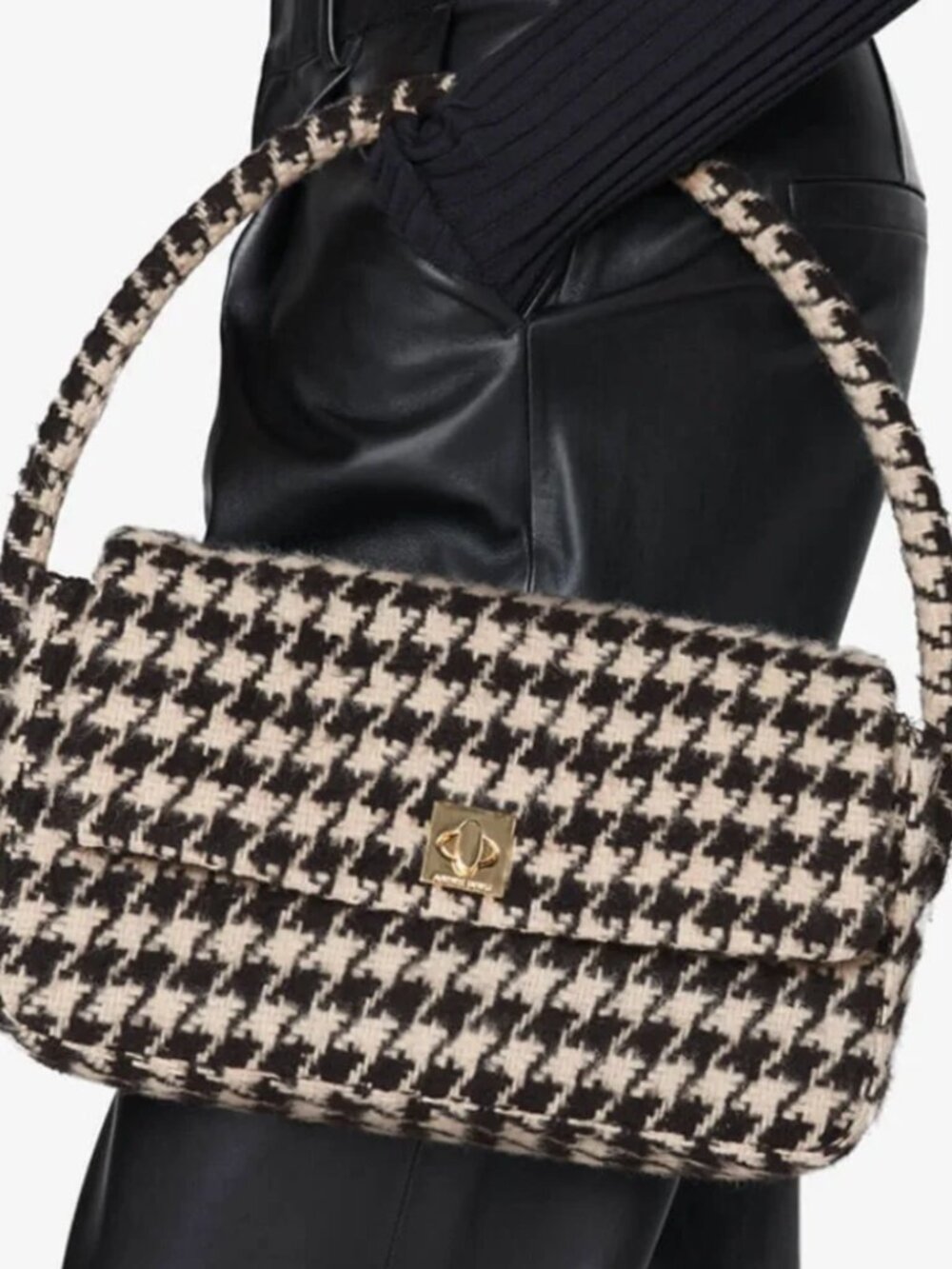 ANINE BING NICO Houndstooth Woven Textured Check Wool Flap Shoulder Handbag